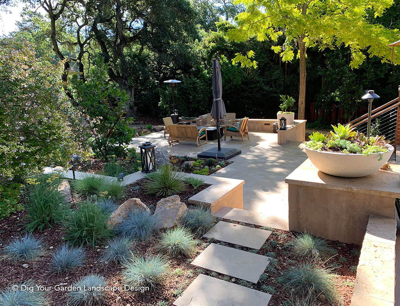 Serene Landscape Under Oak Trees With Travertine Stone Patios And Pathways Dig Your Garden Landscape Design